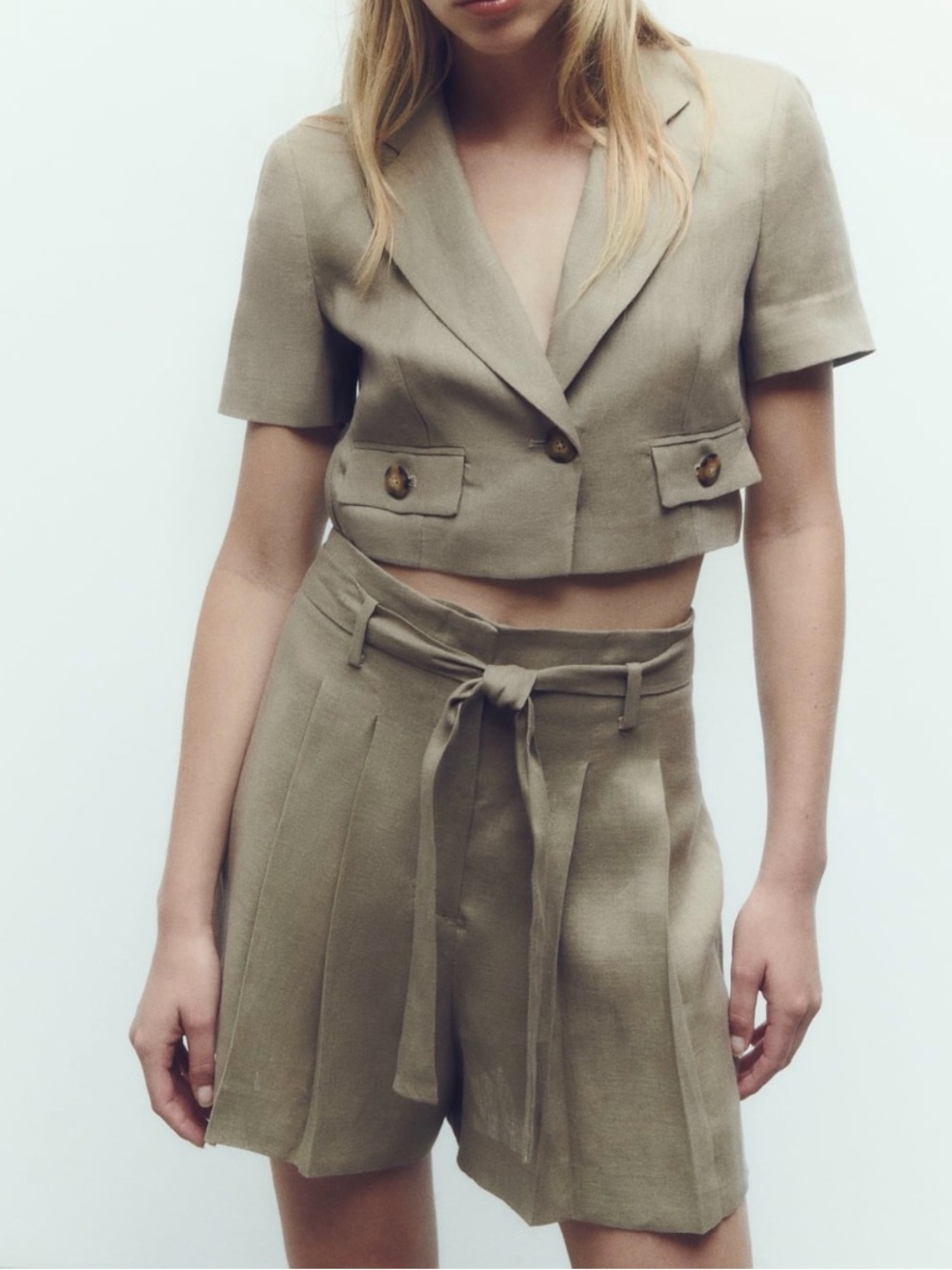 Zara Taupe Tie-Waist Linen Bermuda Shorts - Picture 4 of 9